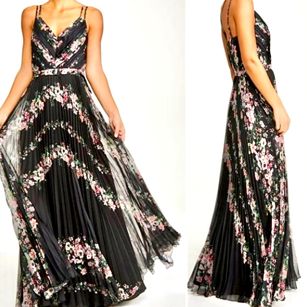 MARCHESA NOTTE Pleated Chiffon Floral Gown Maxi Dress Size 2 NWT Retail $795